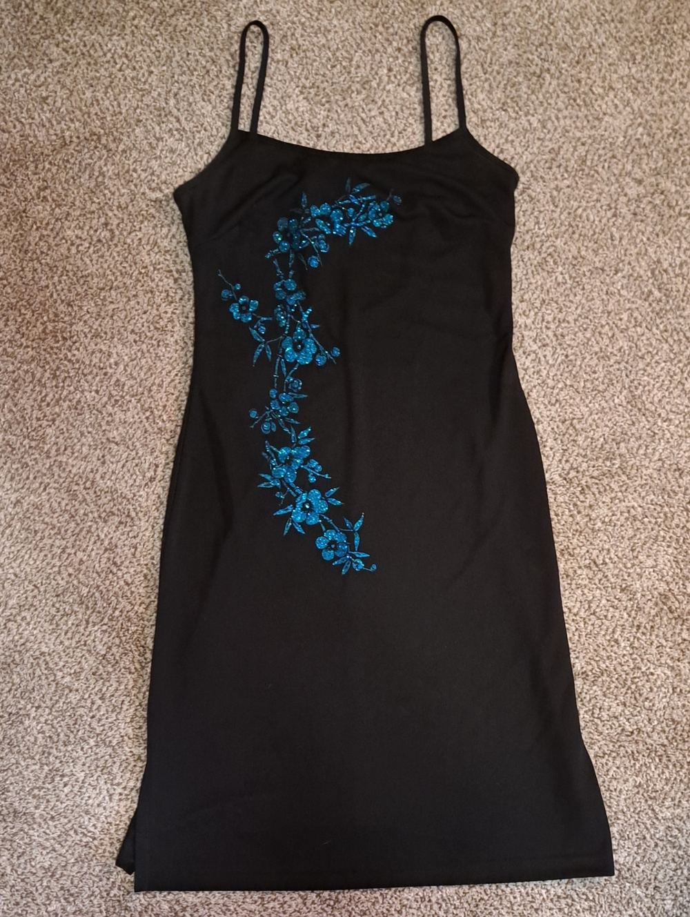 Vintage 90s Y2K La Belle Formal Prom Black Dress, Turquoise Floral Size Medium